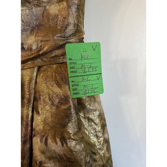 Handmade Gold & Brown Fern Print Dress W/ Crystal-Like Belt Buckle Spaghetti Str - Picture 8 of 8